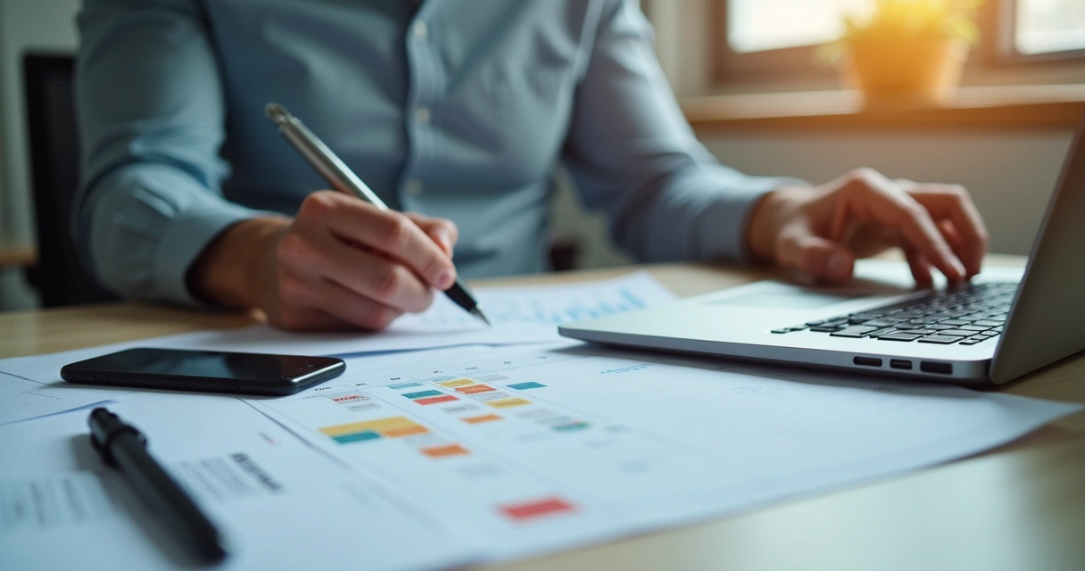 Líder revisando plan de trabajo híbrido en escritorio 