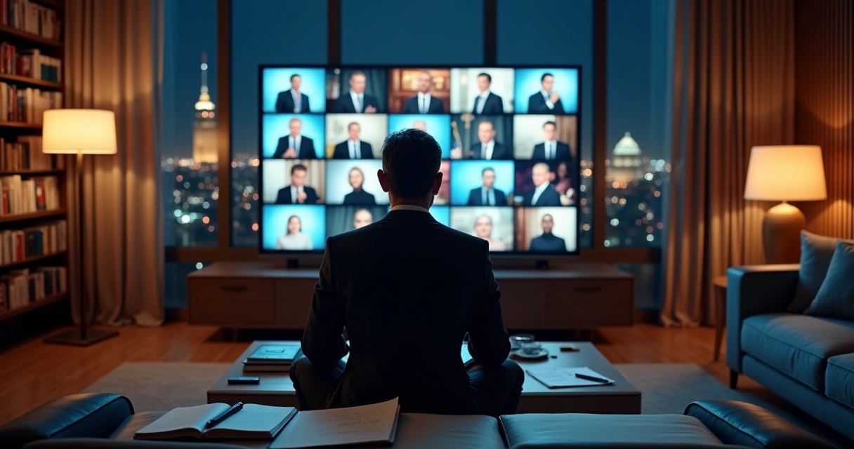 Líder político assiste a séries sobre política em tela grande com anotações estratégicas ao lado 
