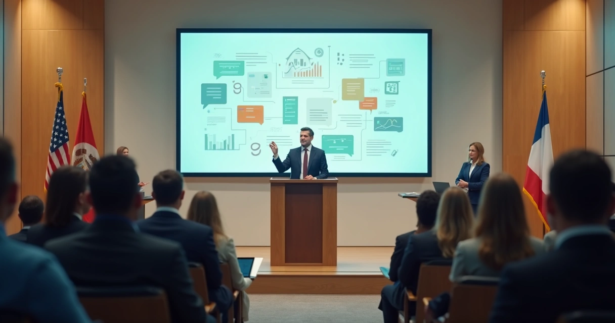 Liderança política falando ao público com equipe e recursos digitais ao fundo 