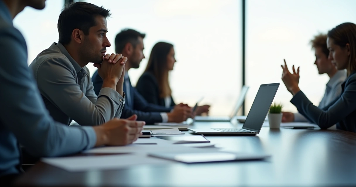 Líder sentado em sala de reunião, refletindo sobre emoções com expressão de dúvida e calma 