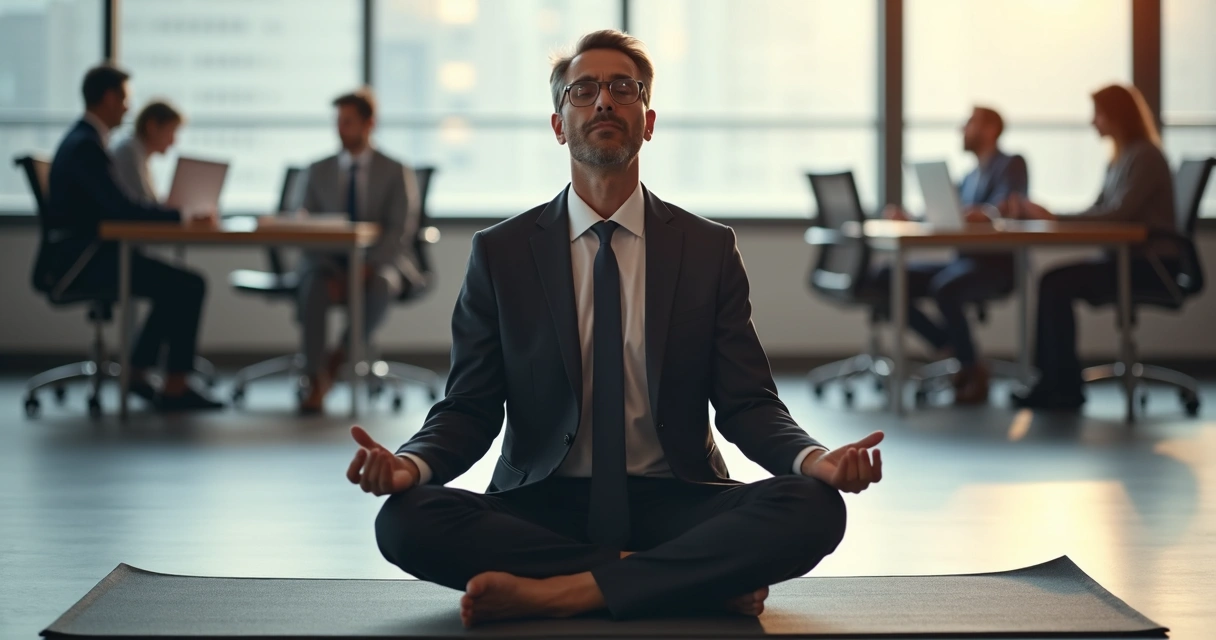 Líder sentado en postura de meditación en oficina tranquila 