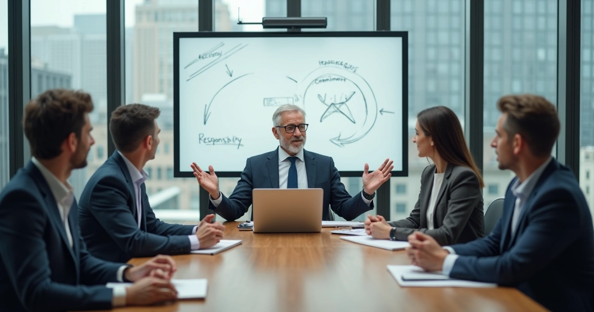 Líder em reunião assumindo responsabilidade diante da equipe 