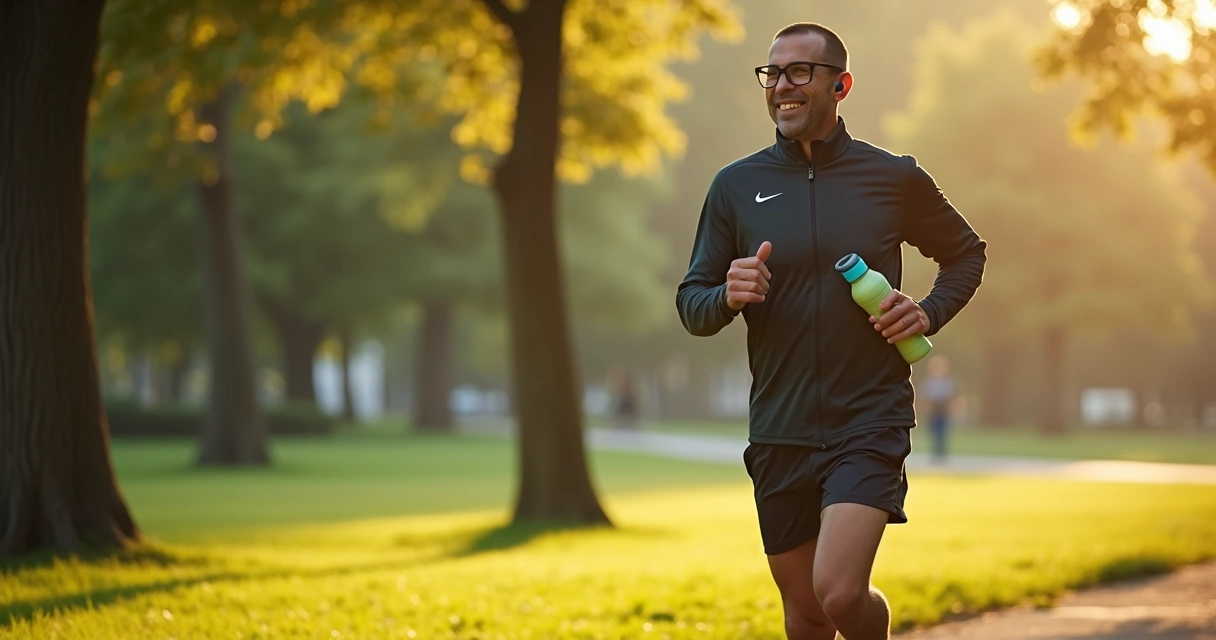 Pessoa de negócios correndo em parque com árvores ao fundo. 