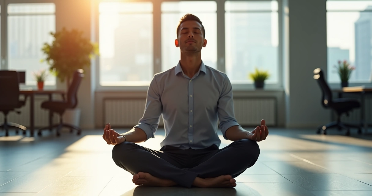 Líder sentado em meditação em sala corporativa 