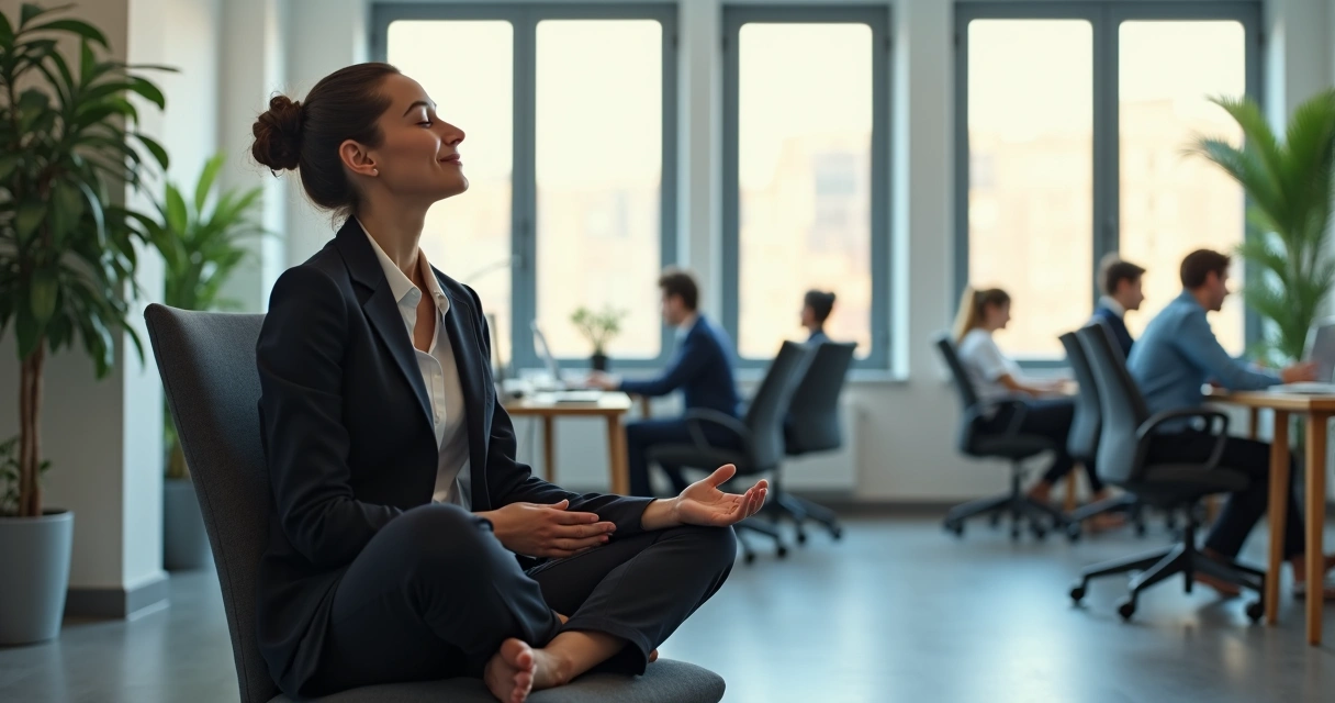 Pessoa sentada em posição de meditação em escritório, olhos fechados, silêncio ao redor 
