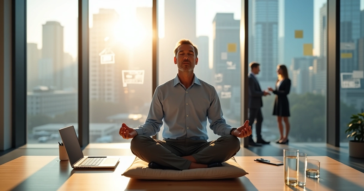 Líder sentado em silêncio praticando presença consciente em escritório moderno 