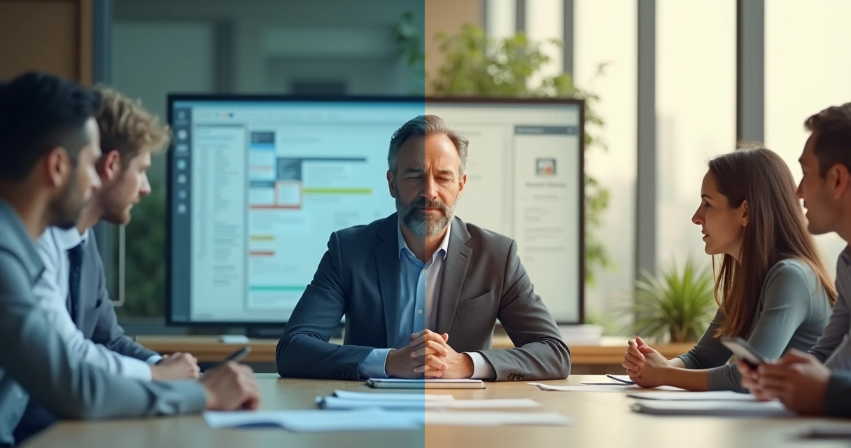 Líder sentado em silêncio em uma sala de reunião metade caótica metade calma 