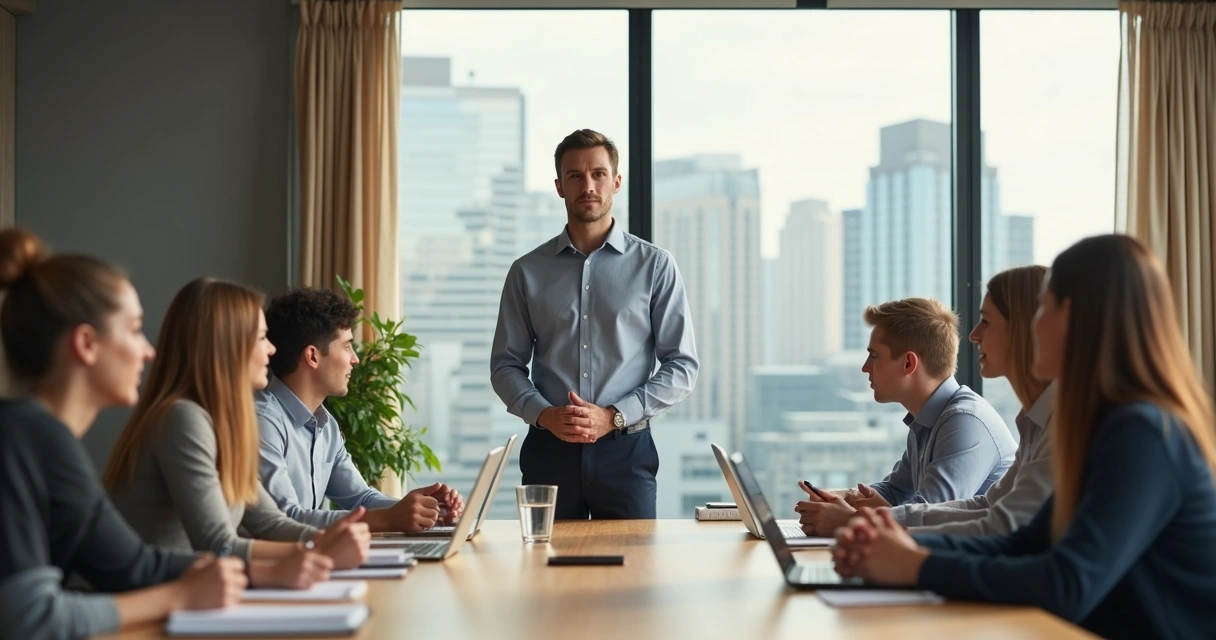 Líder em postura de presença consciente conduzindo reunião em sala moderna 