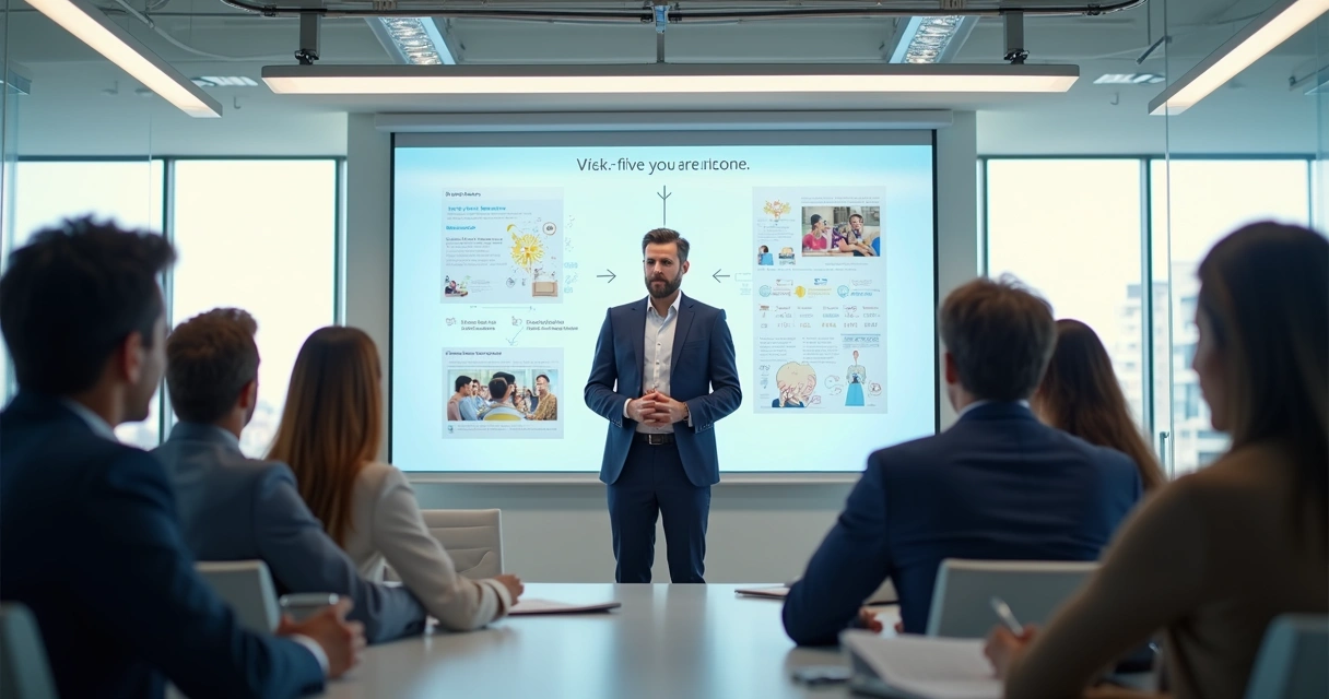 Líder haciendo una presentación clara frente al equipo en una organización moderna 