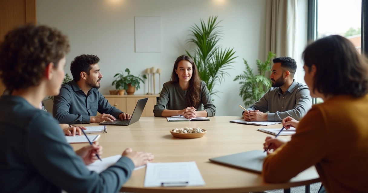 Líder reunido con equipo en círculo, expresando serenidad 