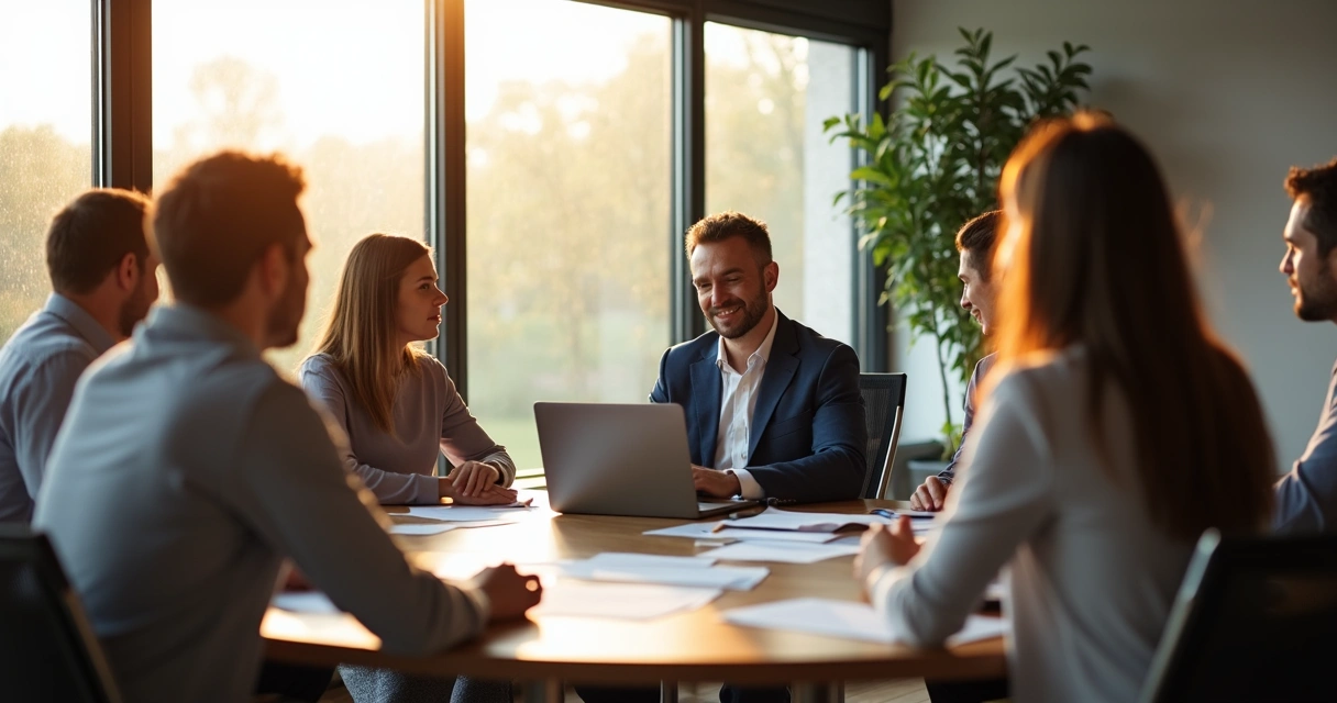 Líder presente escutando atentamente sua equipe em escritório iluminado