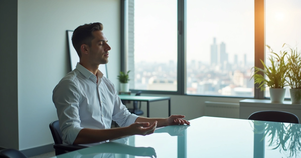 Líder sentado em silêncio em uma sala de reunião moderna, concentração e tranquilidade aparentes 