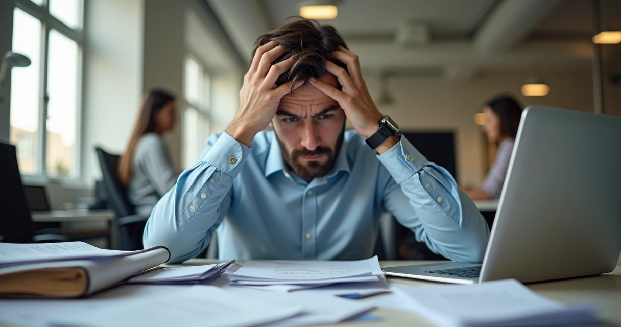 Líder pressionado sentado à mesa com papéis espalhados