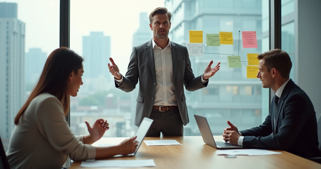Líder em reunião mediando desacordo entre dois colegas de equipe em sala de reunião moderna 