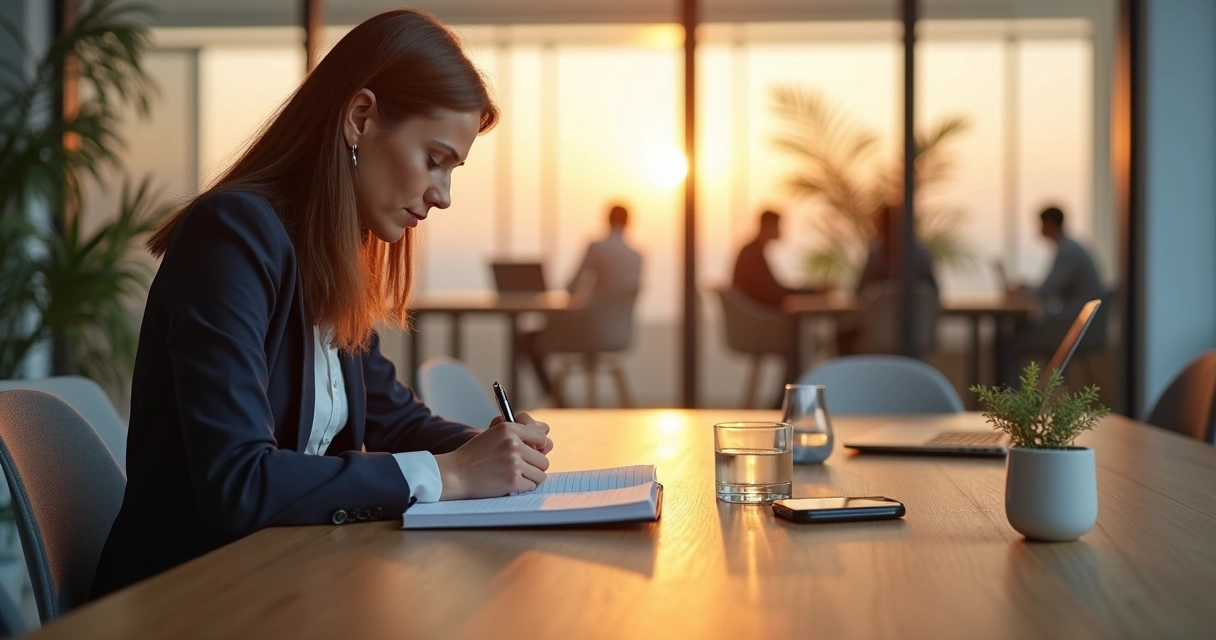 Líder sentado em sala de reunião calma refletindo e organizando prioridades em um caderno 