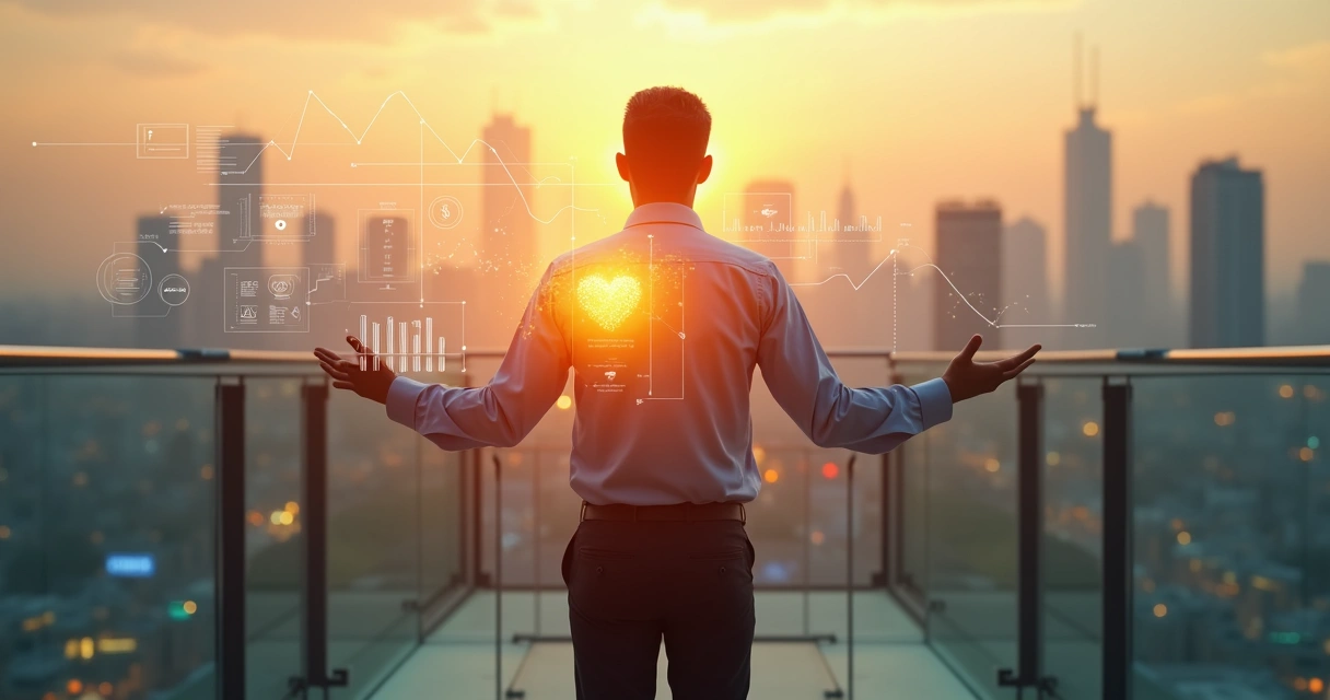 Líder em pé sobre cidade conectando propósito humano e resultados de negócios 
