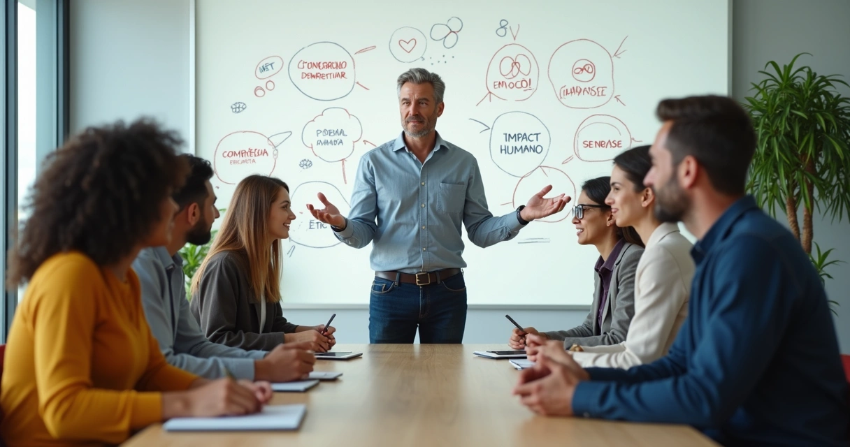Líder em reunião guiando equipe com foco em conexão emocional 