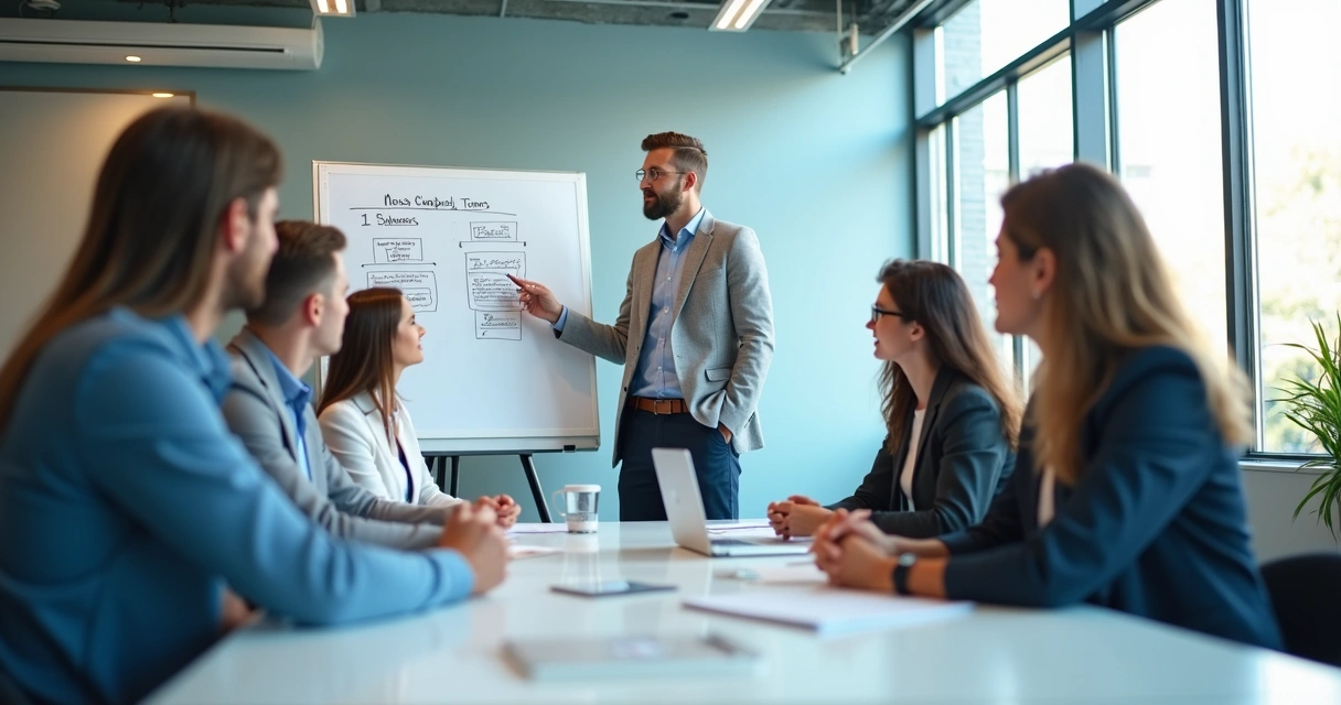 Líder inspirando equipe com quadro branco