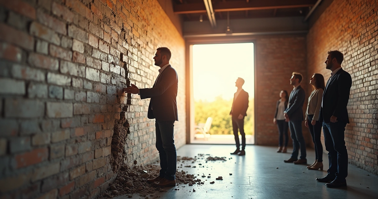 Líder abrindo passagem em parede com palavras negativas diante do time 