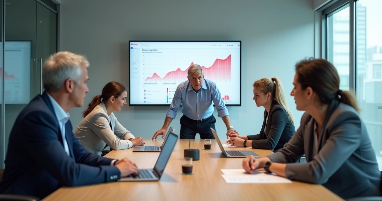 Líder reativo em reunião tensa com equipe em escritório corporativo 