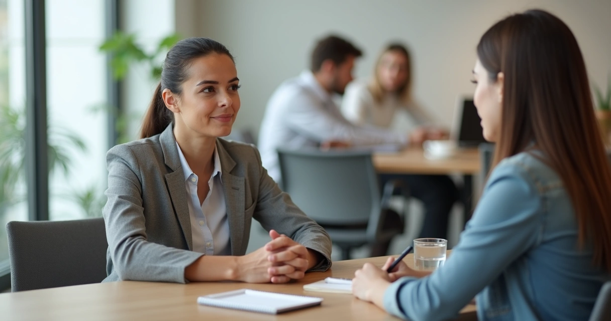 Líder sentado ouvindo feedback difícil com postura calma e atenta 