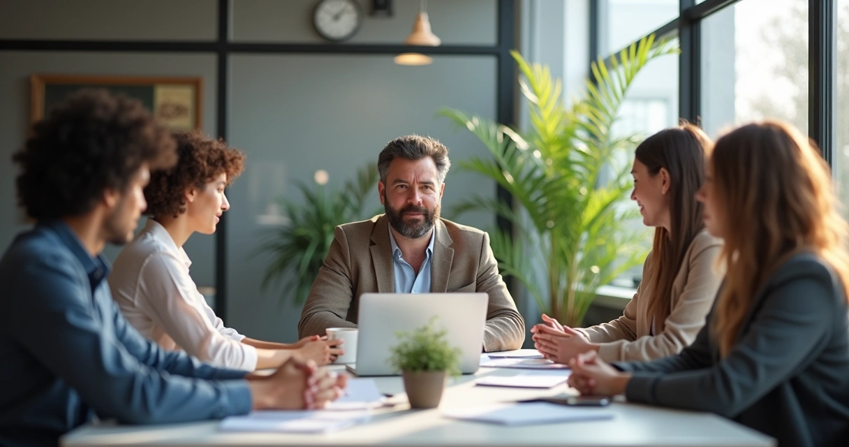 Líder escutando equipe em reunião descontraída, todos participando