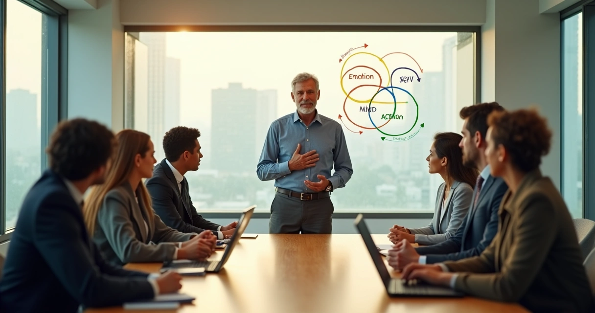 Líder em sala moderna facilitando reunião sobre reconciliação emocional com equipe 