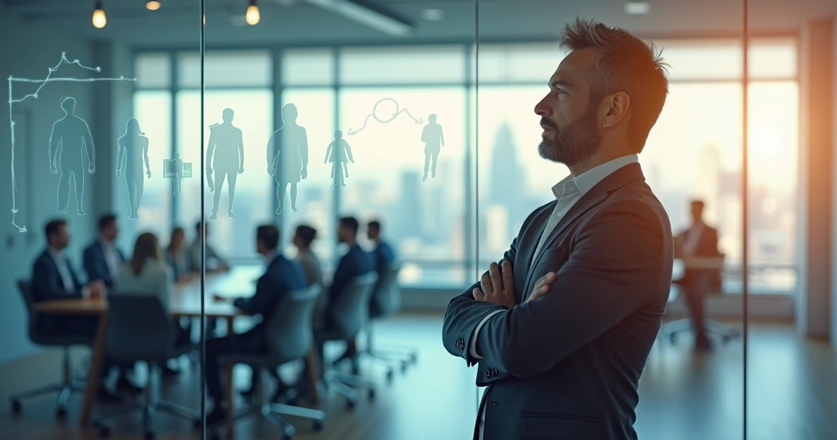 Líder observando equipe refletida em painel com padrões repetidos 