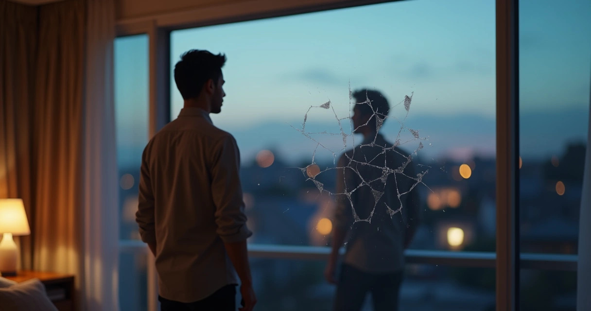Persona líder frente a vidrio con reflejo fracturado 