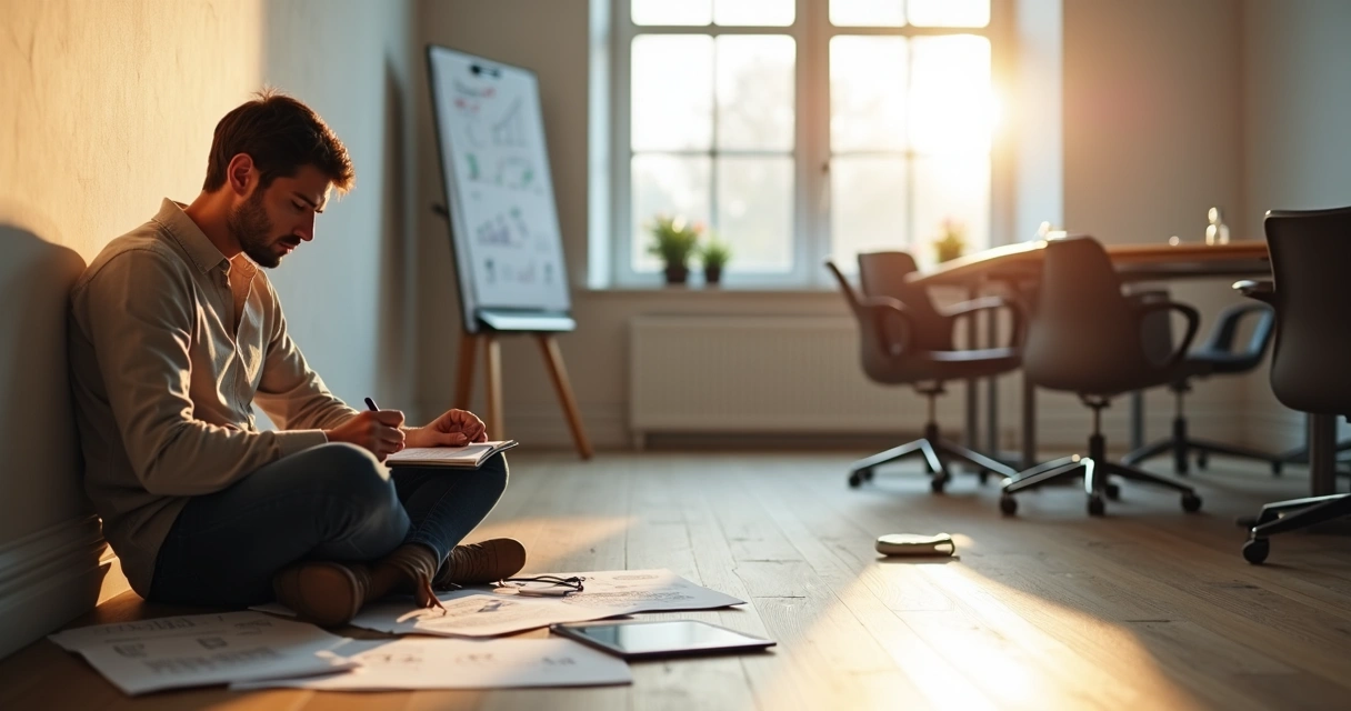 Líder sentado no chão analisando anotações após um insucesso 