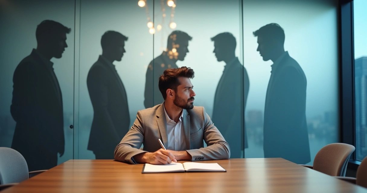Líder sentado em sala corporativa observando sombras emocionais ao redor 