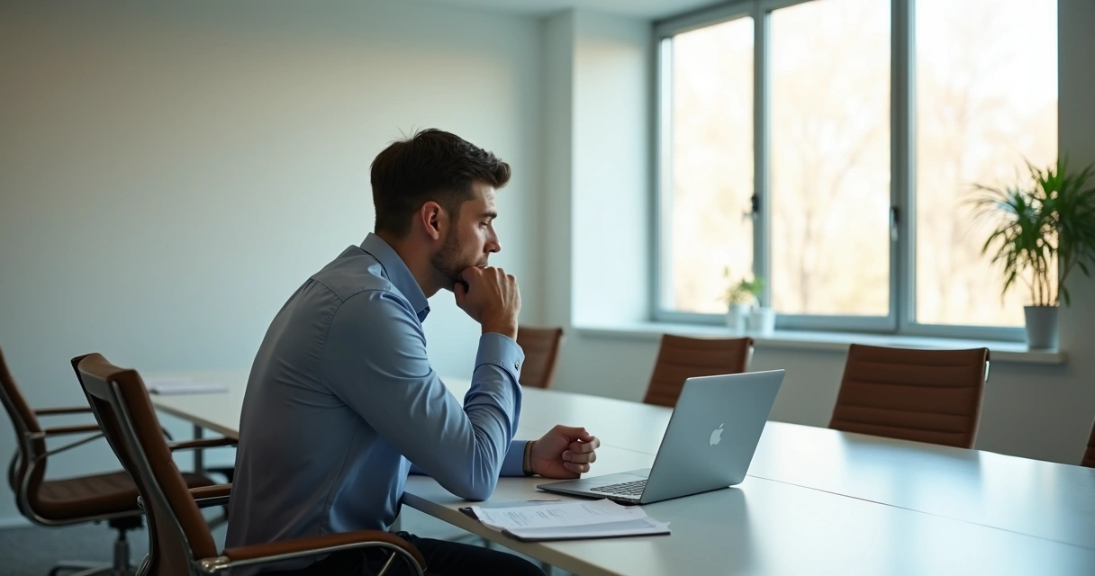 Líder sentado sozinho refletindo em uma sala de reuniões moderna 
