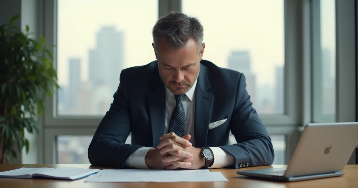 Líder sentado à mesa, olhando para baixo, com papéis em frente 