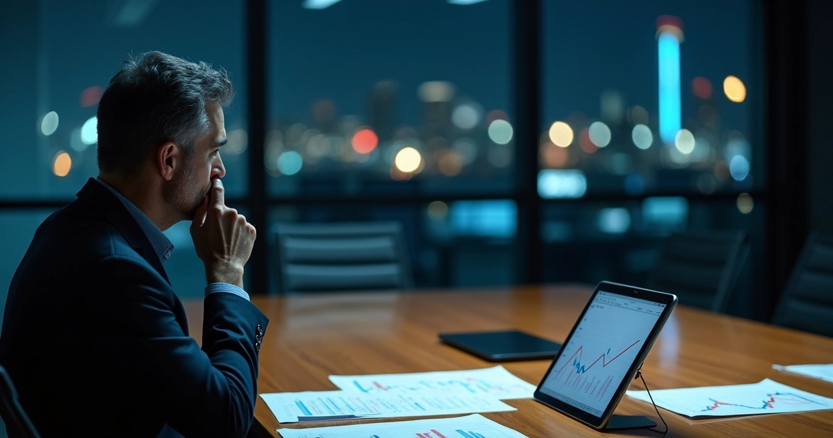 Líder sentado sozinho em sala de reunião escura olhando gráficos estratégicos na mesa 