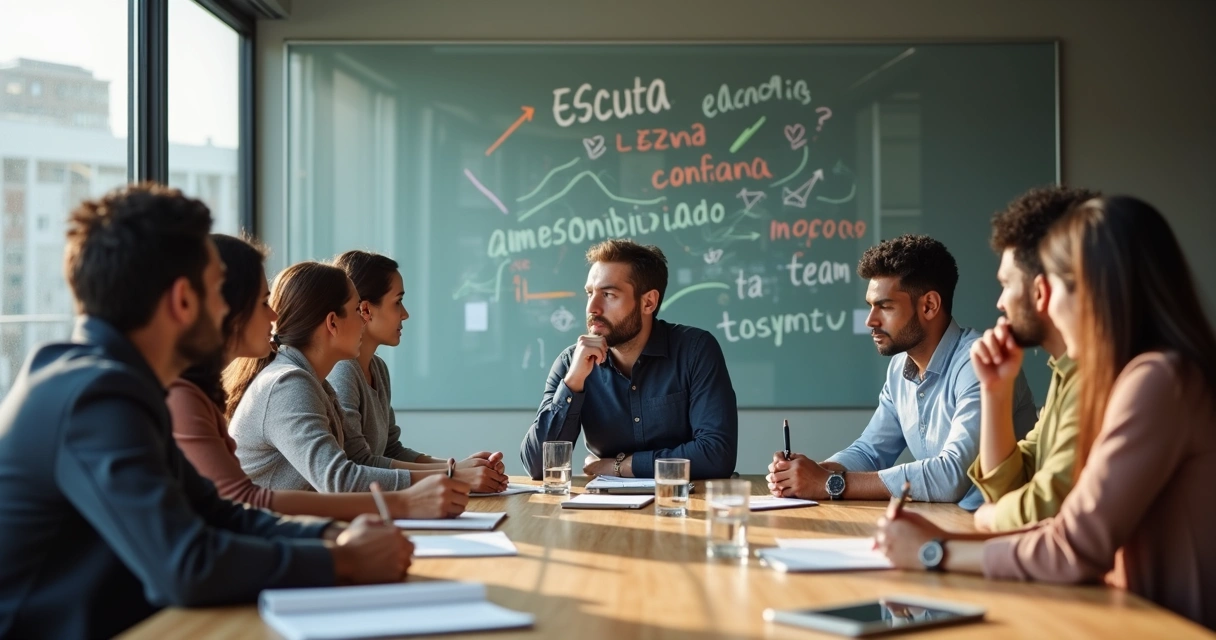 Líder sentado à mesa refletindo com equipe reunida ao redor 