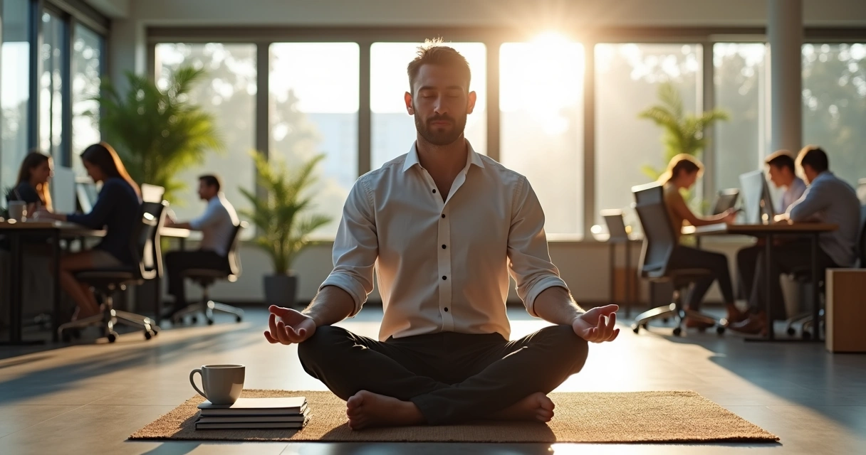 Líder sentado em posição de meditação no escritório