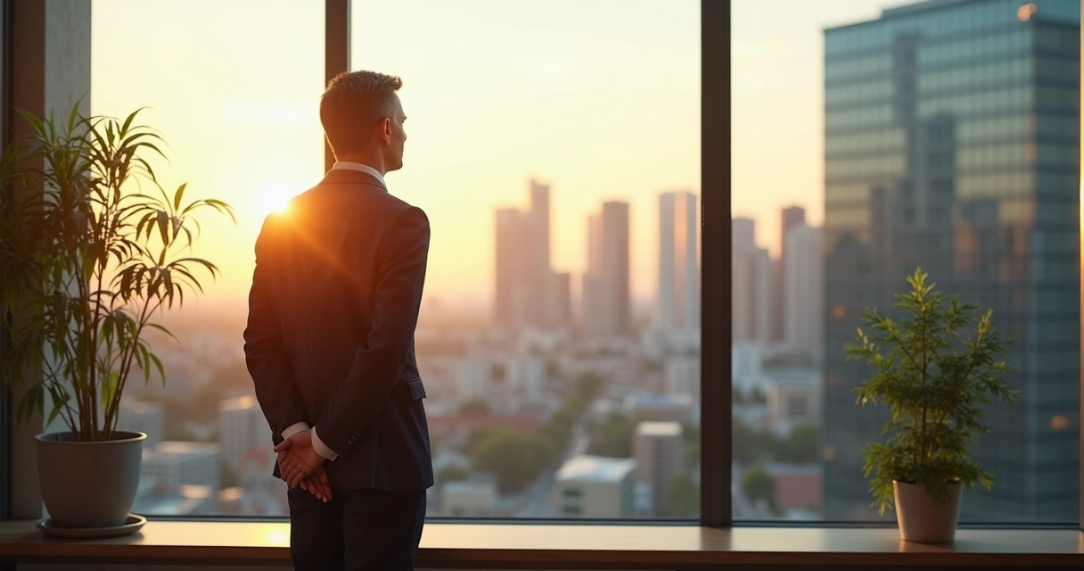 Líder refletindo olhando pela janela de vidro