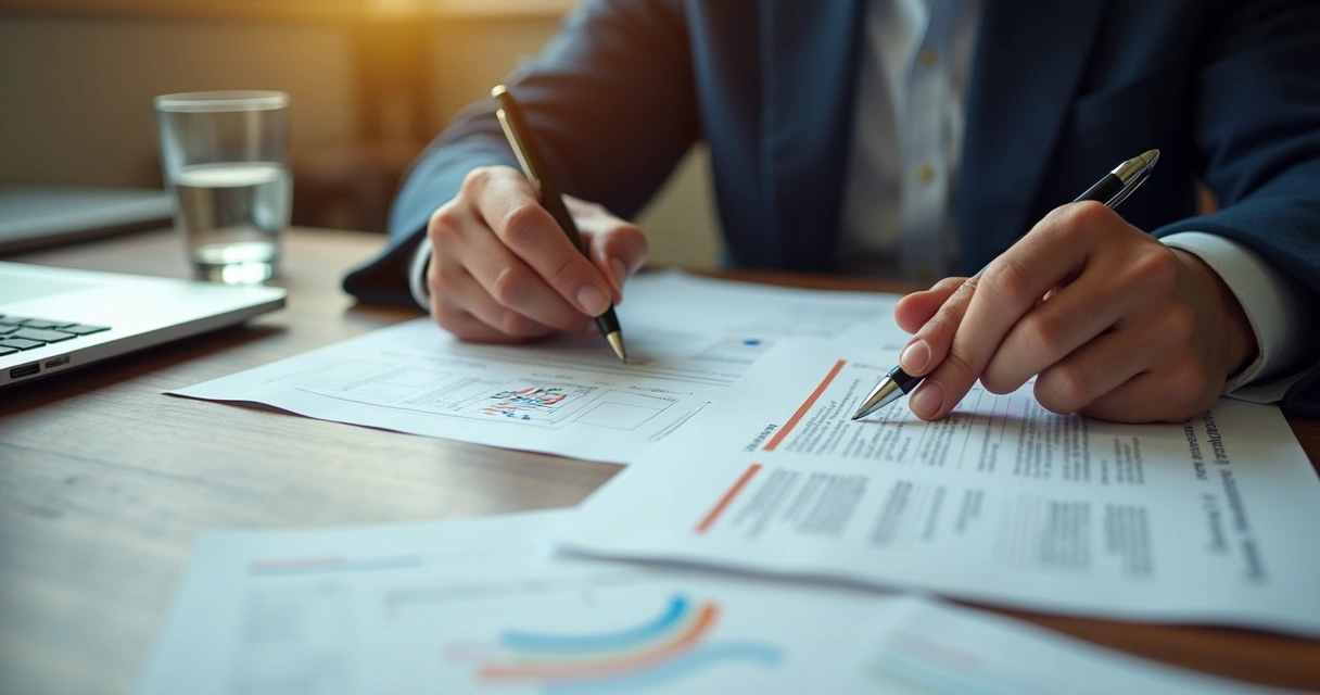 Líder revisando anotações e evidências em mesa de trabalho