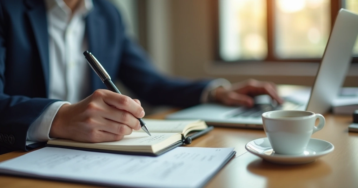 Líder escrevendo reflexões em caderno após reunião