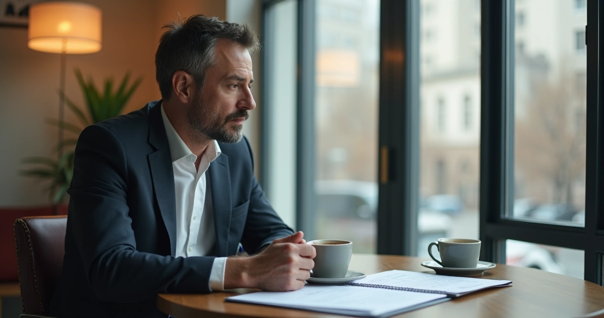 Líder refletindo com xícara de café na mão, sentado à mesa 