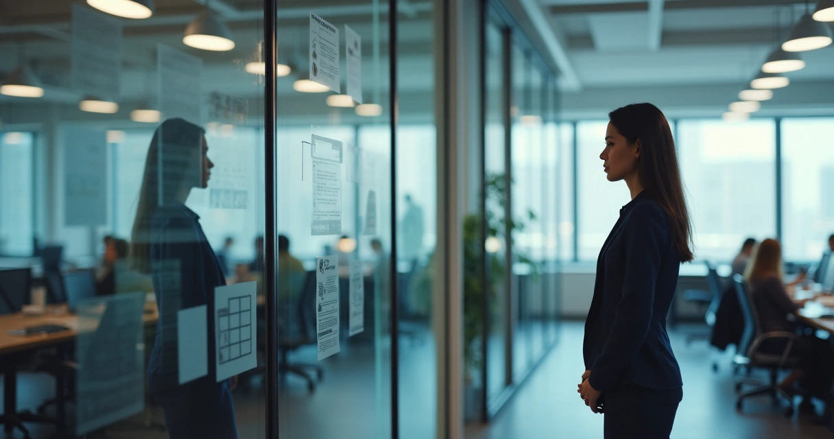 Líder refletindo antes de decidir em ambiente corporativo
