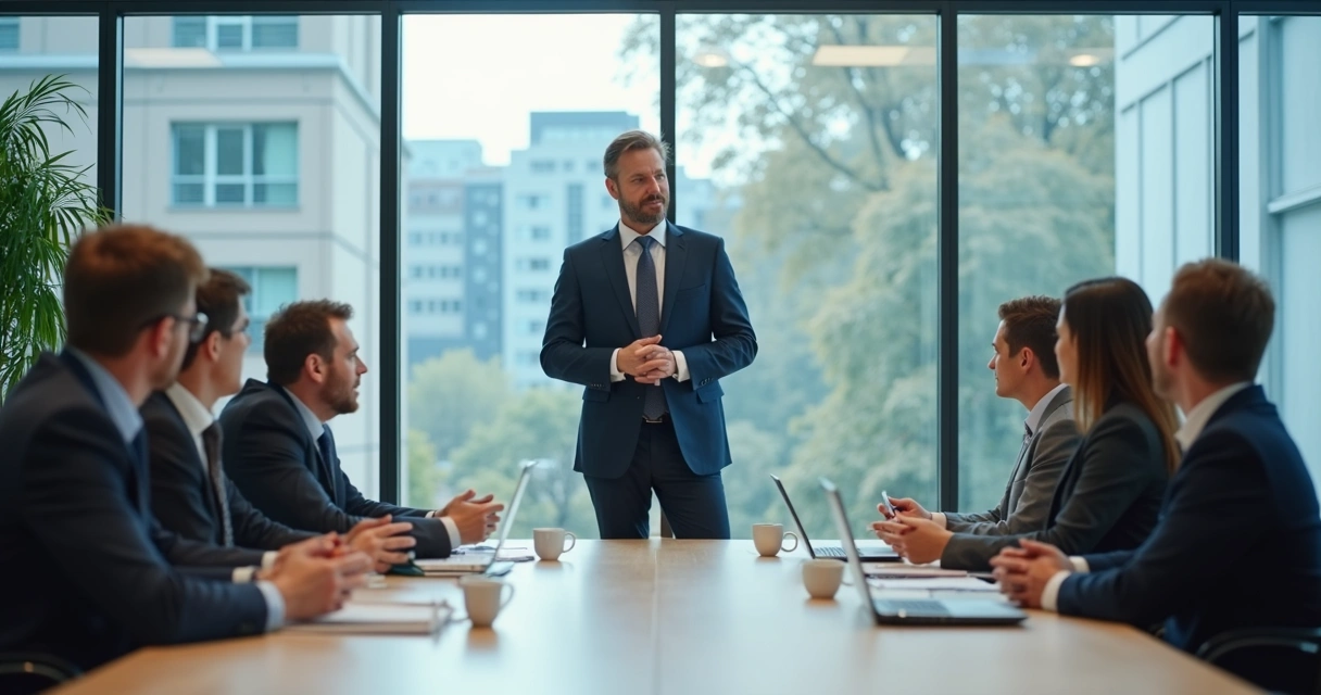 Líder em reflexão diante de equipe em reunião 