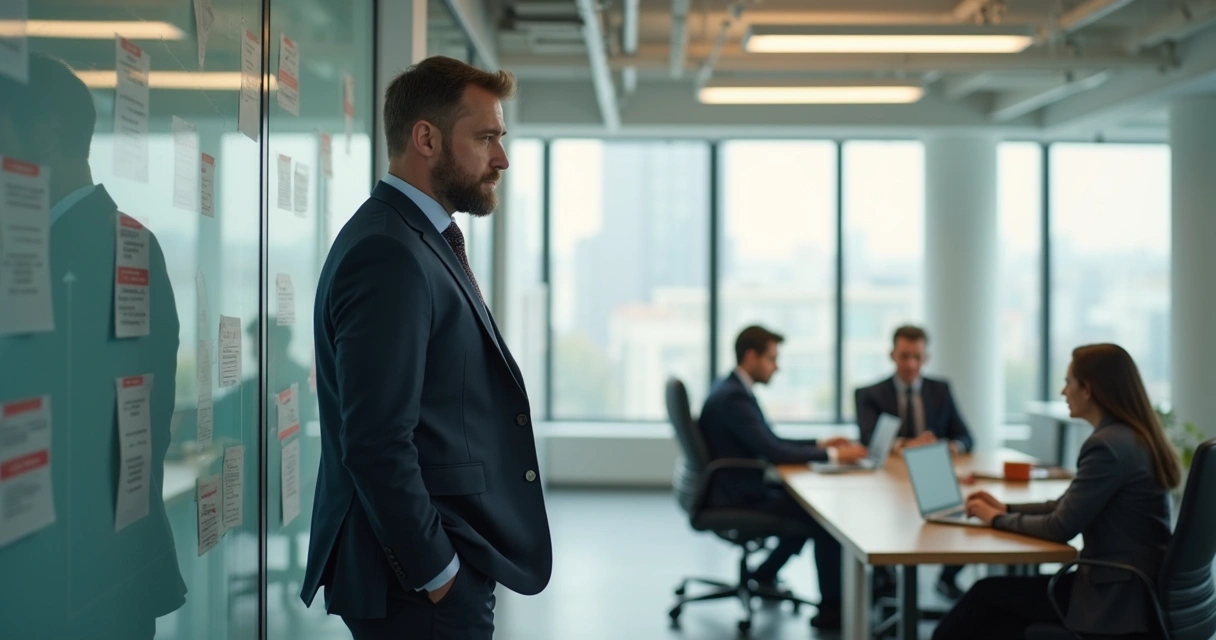 Líder em reflexão diante de equipe reunida 