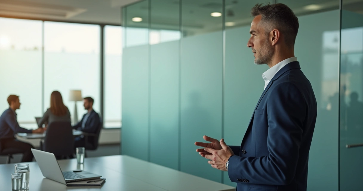 Líder em reflexão observando equipe em reunião