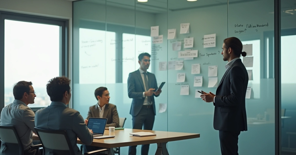 Líder refletindo diante da equipe em sala de reunião