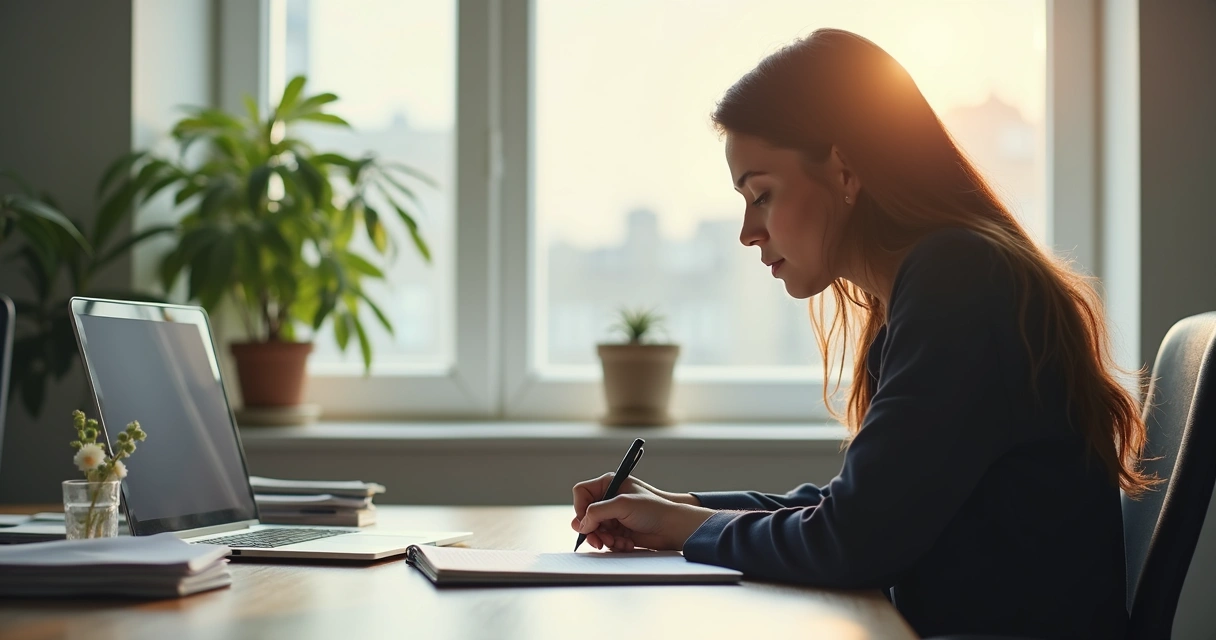 Líder escrevendo reflexões em caderno no escritório 