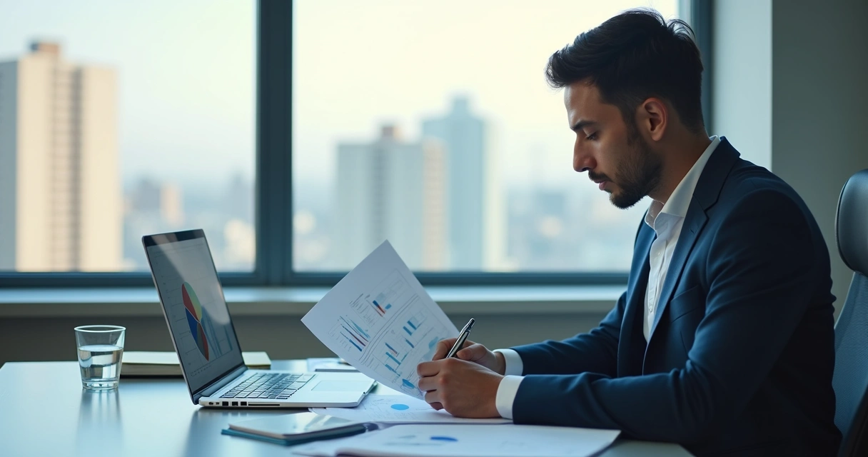 Líder revisando anotações antes de tomar decisão