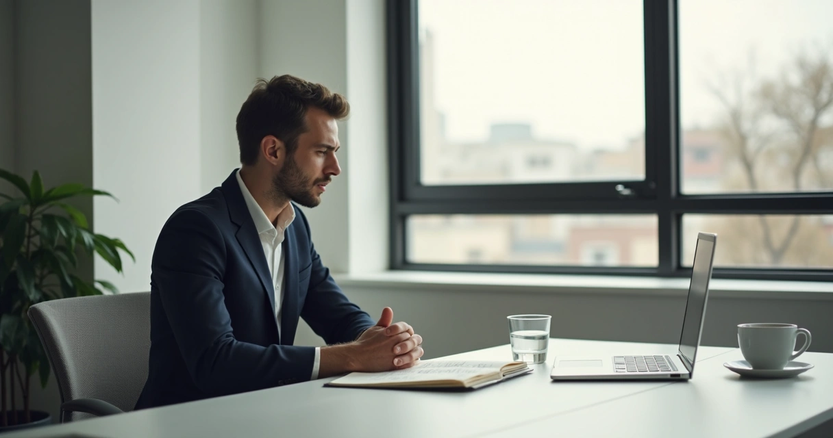 Líder em reflexão diante da mesa de trabalho