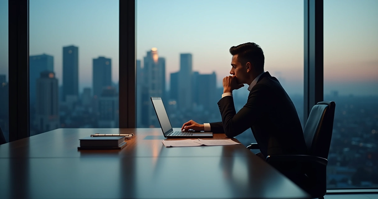 Pessoa em posição de liderança sentado à mesa, olhando pela janela pensativo ao anoitecer 