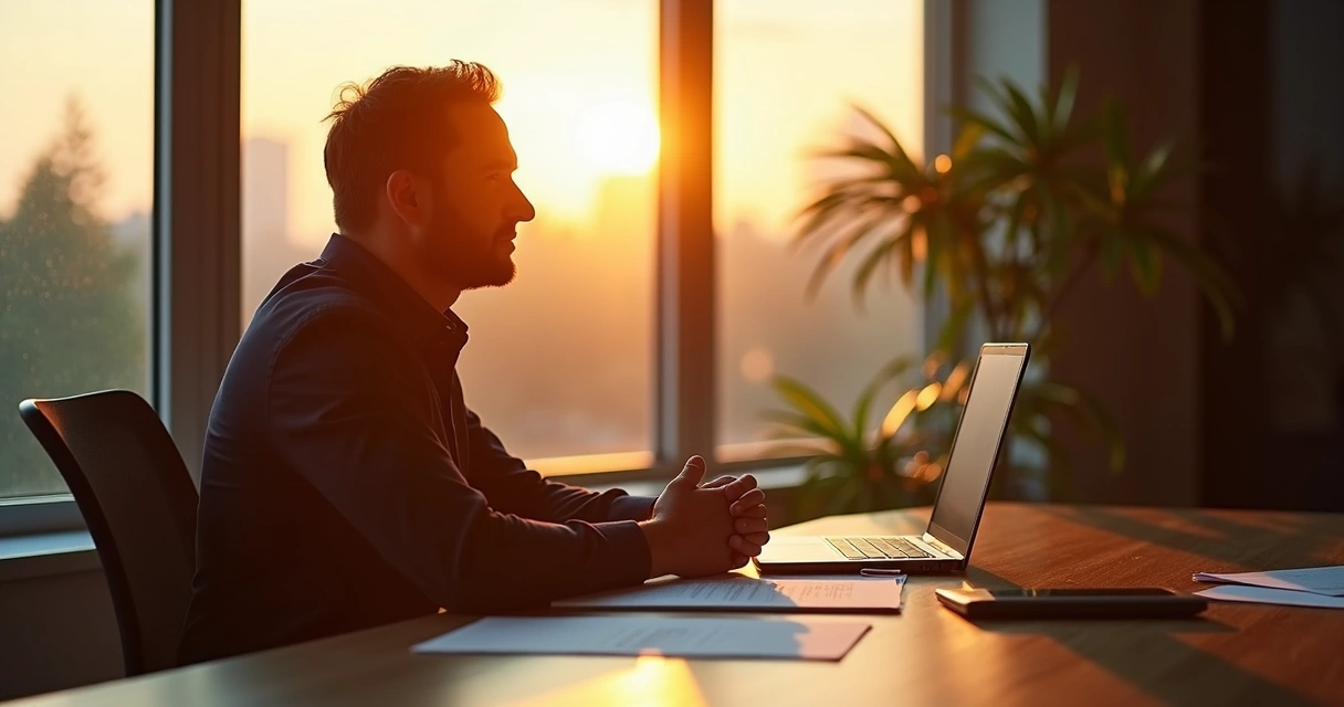 Líder sentado diante do computador ao pôr do sol, olhando para fora de forma contemplativa